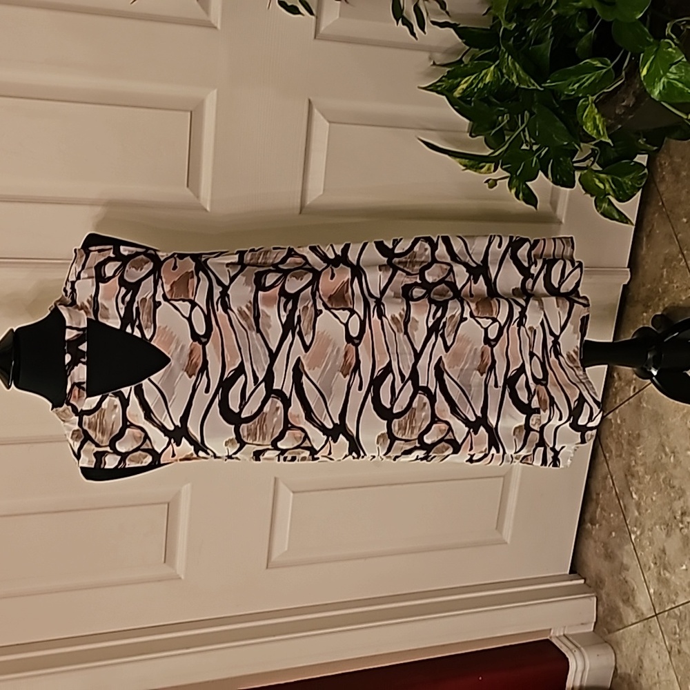 Brown and pink shift dress, tie in back, cutout, layered.